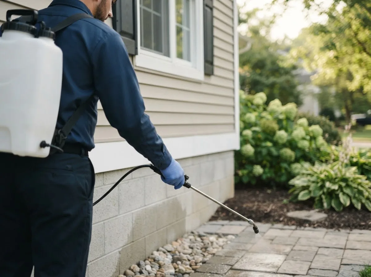 Pest control technician inspecting a home in Valley Head, WV